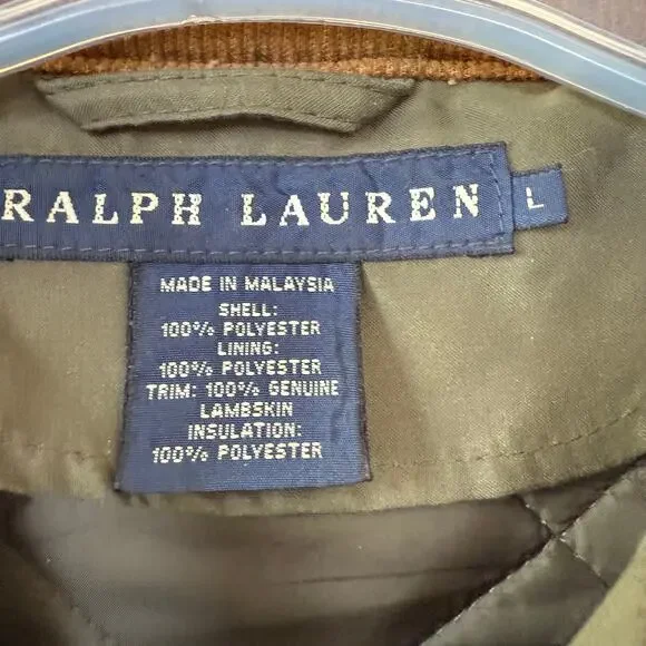 Ralph Lauren Olive Green Men’s Quilted Hunting jacket corduroy collar size L - Picture 2 of 12